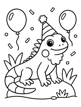 Free printable Party Iguana With Balloons And Confetti coloring page