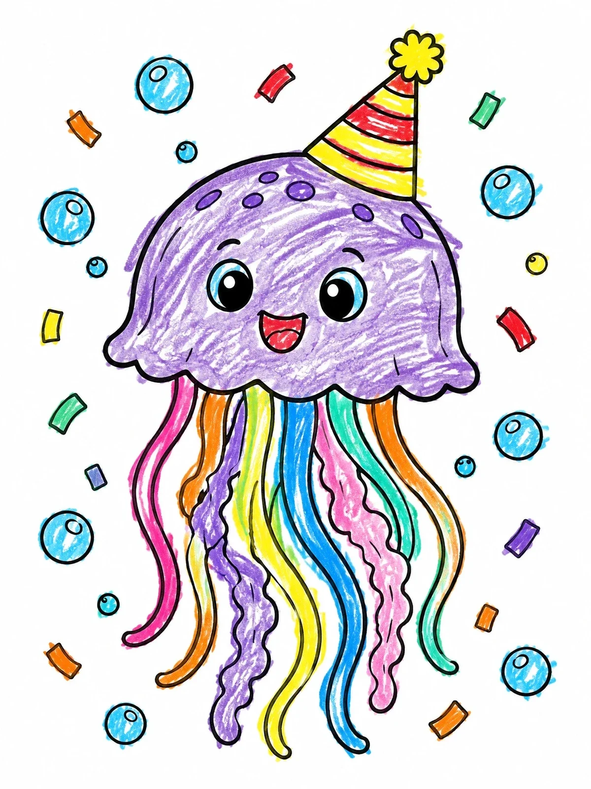 Colored example of the Party Jellyfish Celebrating With Confetti coloring page