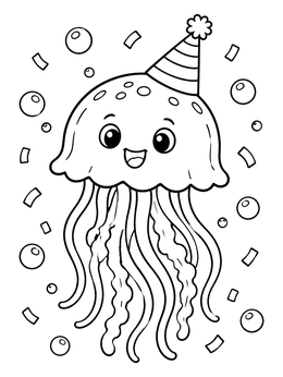 A cheerful jellyfish coloring page with a striped party hat and floating bubbles.