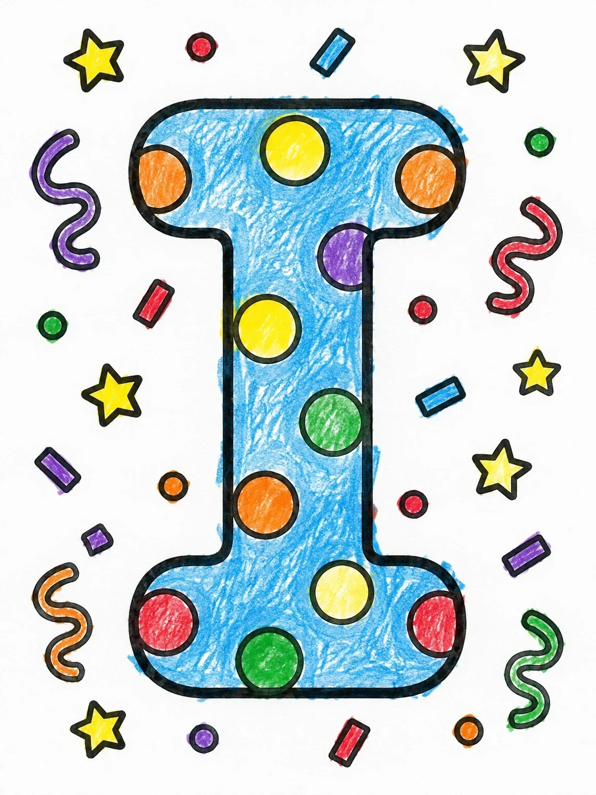 Colored example of the Party Letter I With Confetti coloring page