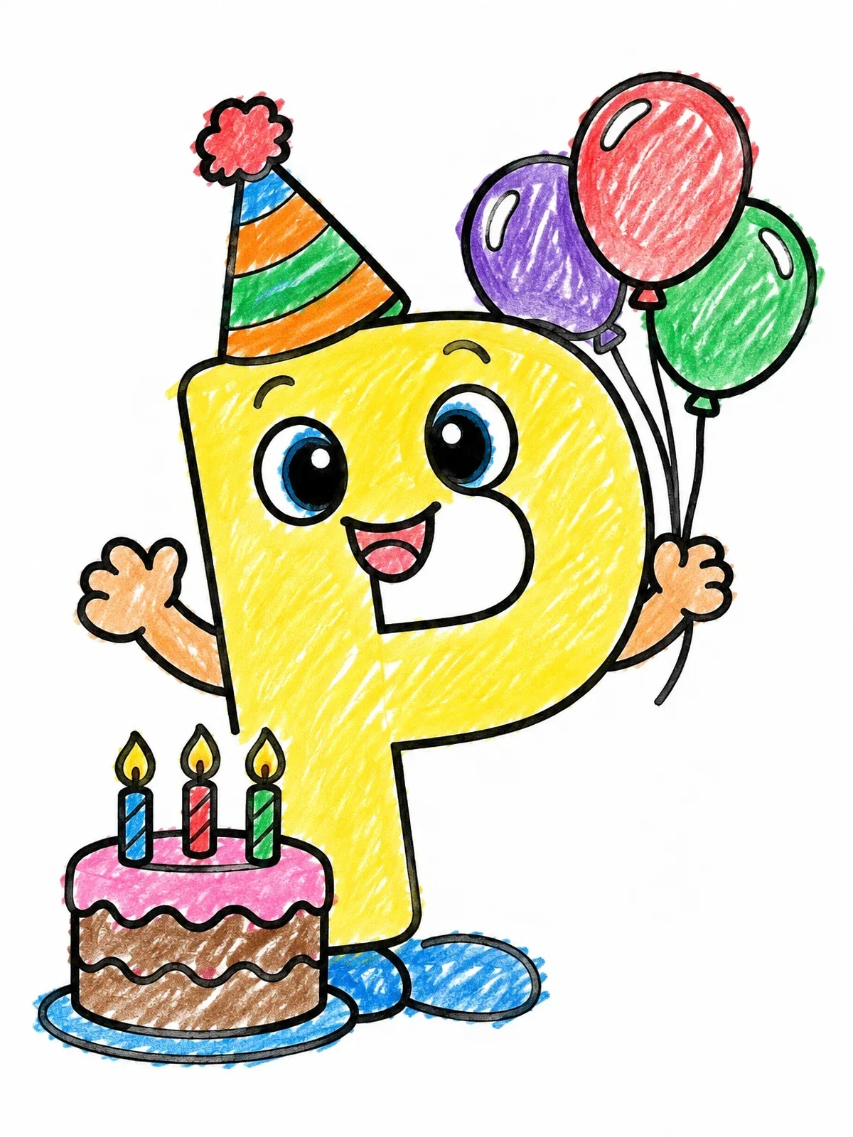Colored example of the Party Letter P With Birthday Cake coloring page