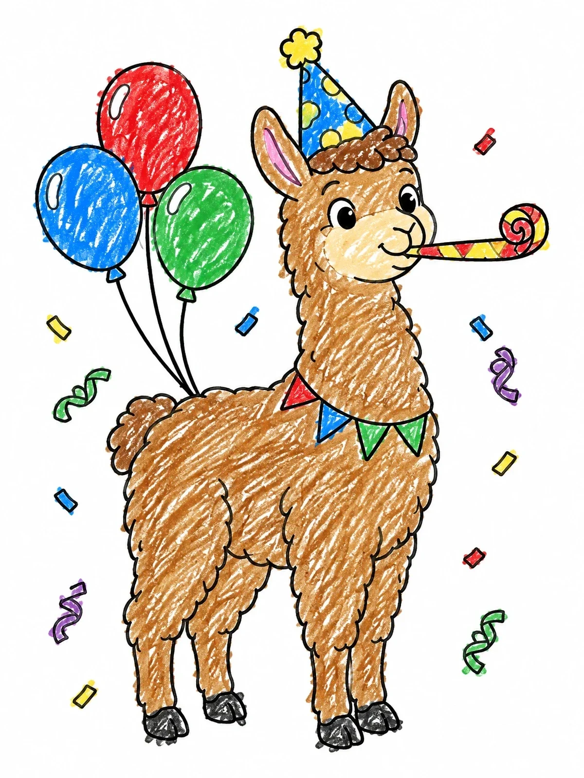 Colored example of the Party Llama With Balloons And Noisemaker coloring page