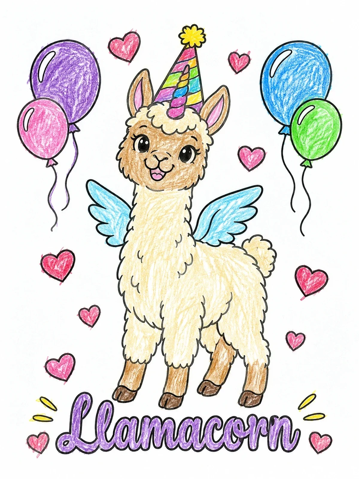 Colored example of the Party Llamacorn With Balloons And Hearts coloring page