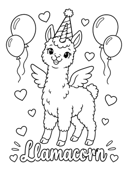 A cute party llamacorn coloring page surrounded by festive balloons, floating hearts, and playful lettering.