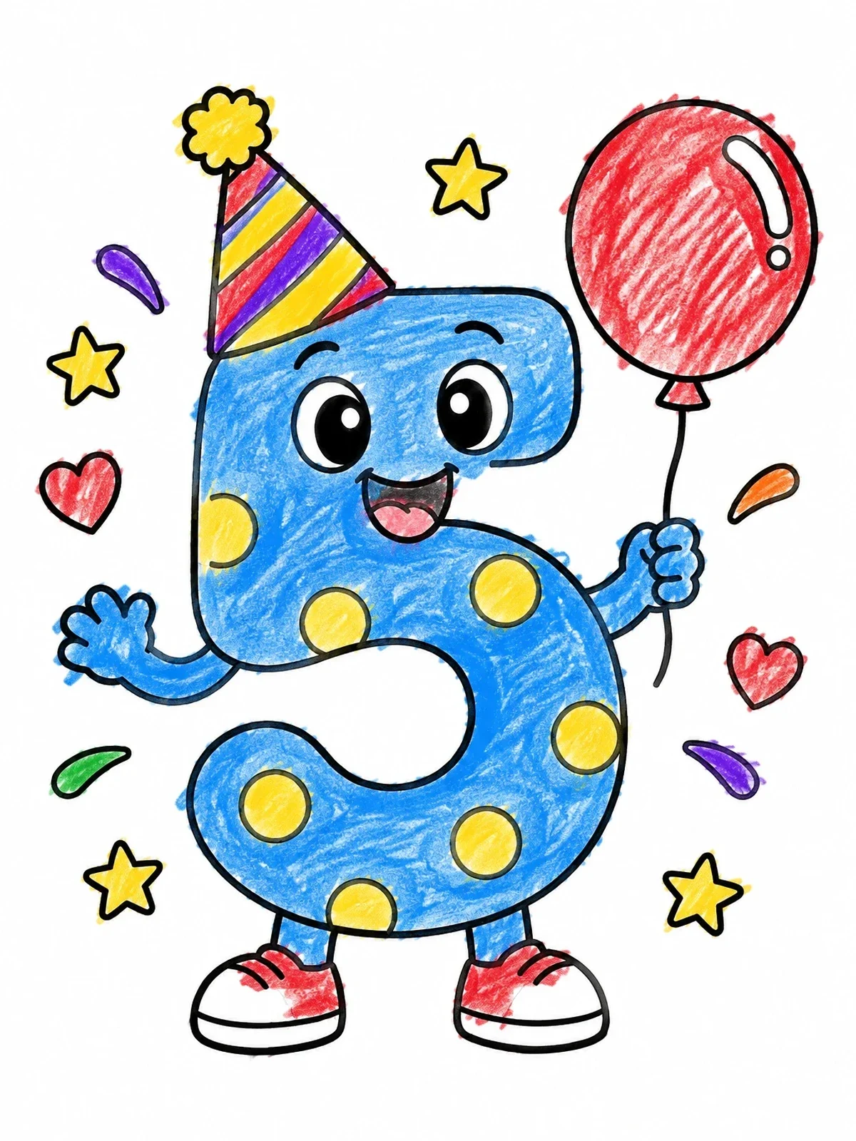 Colored example of the Party Number Five Character With Balloon coloring page