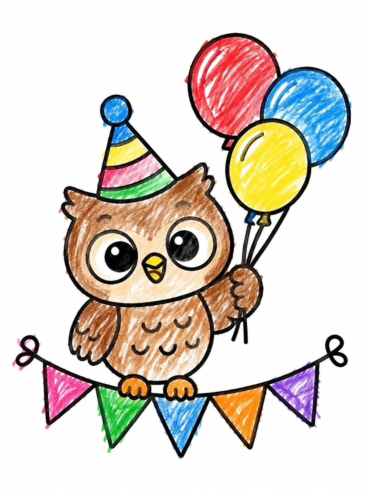 Colored example of the Party Owl With Birthday Balloons coloring page