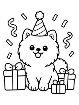 Free printable Party Pomeranian With Birthday Gifts coloring page
