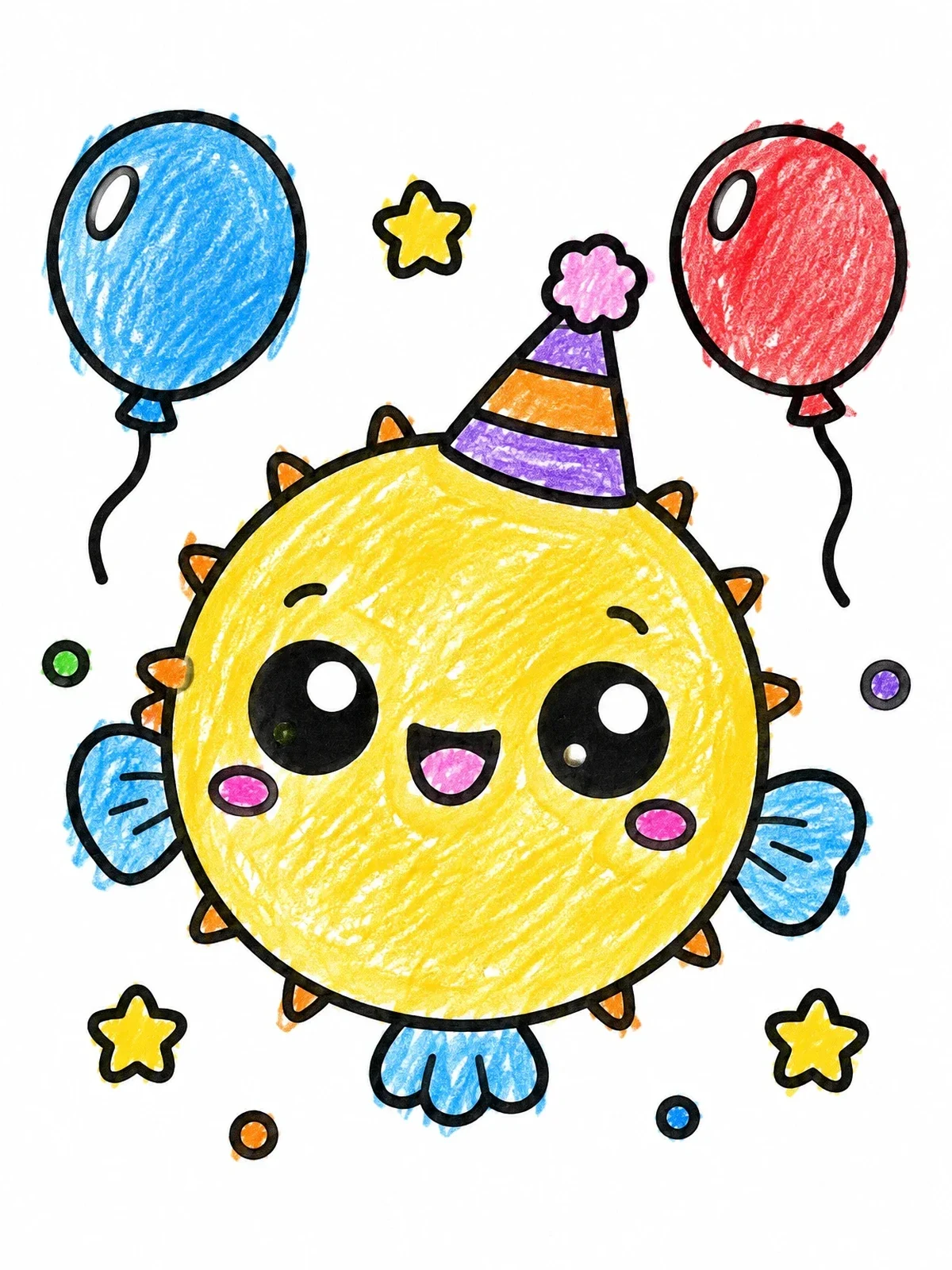 Colored example of the Party Puffer Fish With Balloons coloring page