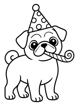 A cute pug coloring page showing the puppy wearing a party hat and holding a noisemaker.