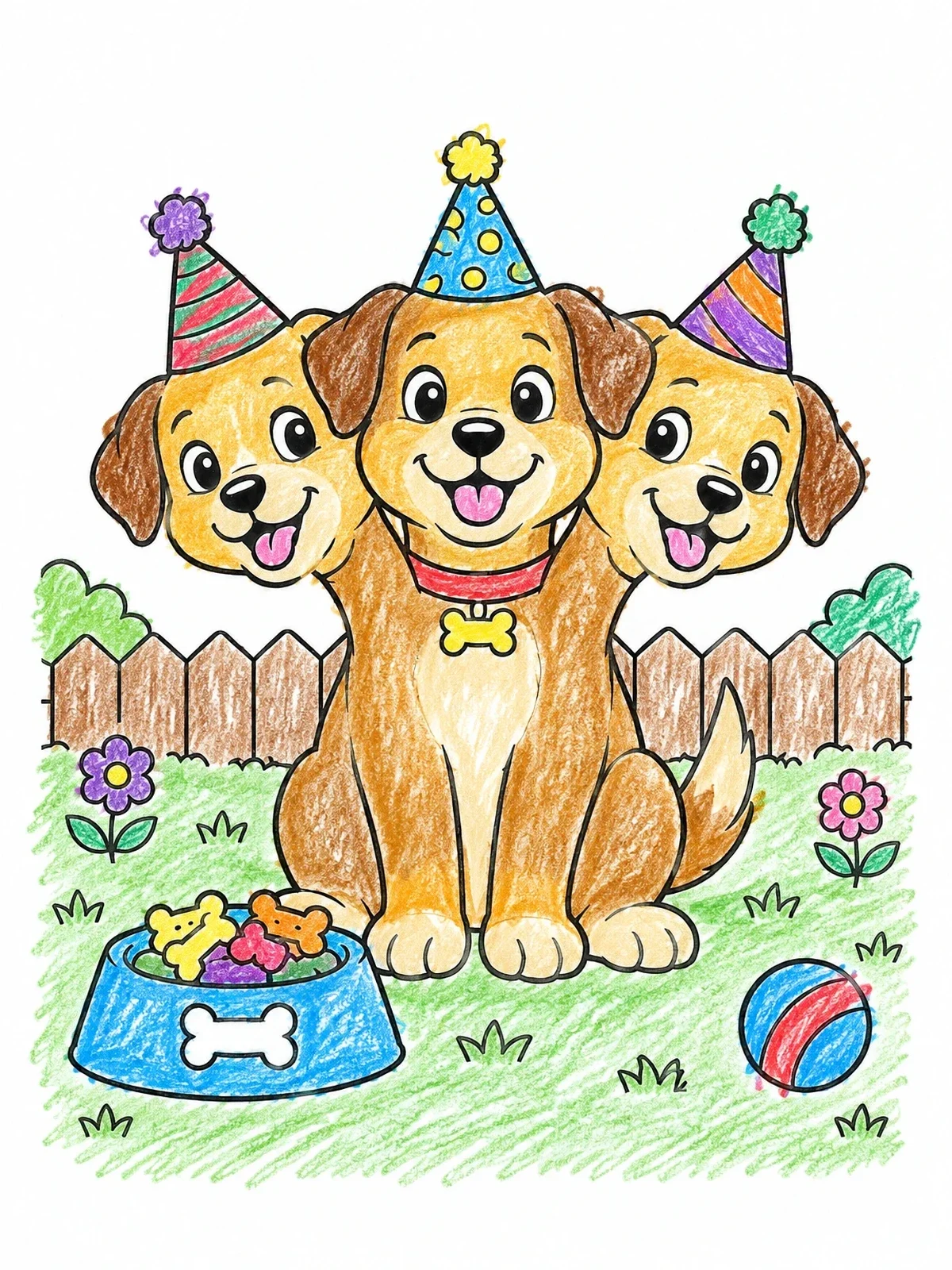 Colored example of the Party Puppy With Three Heads coloring page