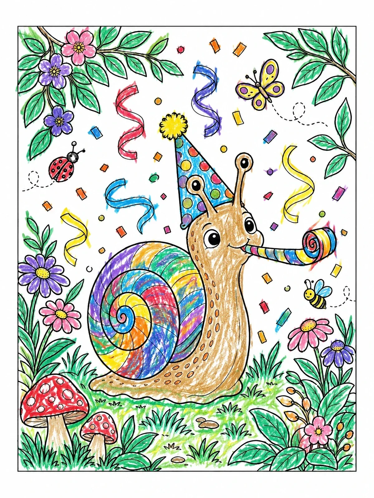 Colored example of the Party Snail Celebrating With Confetti coloring page