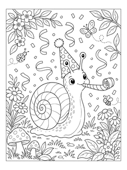 A cheerful snail coloring page featuring a snail in a party hat blowing a noisemaker among confetti.