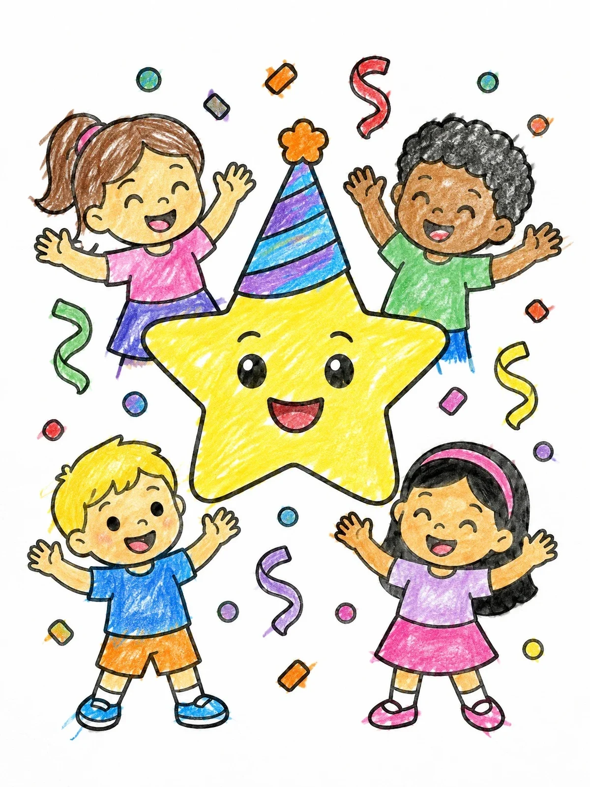 Colored example of the Party Star And Happy Children coloring page