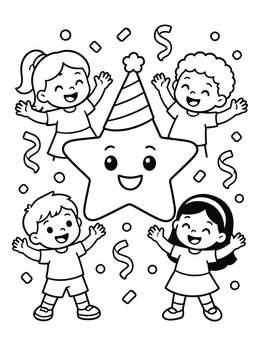 Free printable Party Star And Happy Children coloring page