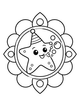 A cheerful starfish coloring page featuring a sea star in a party hat blowing round bubbles.