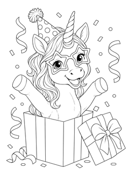 A cheerful unicorn emoji coloring page featuring a pony with party glasses popping out of a gift box.