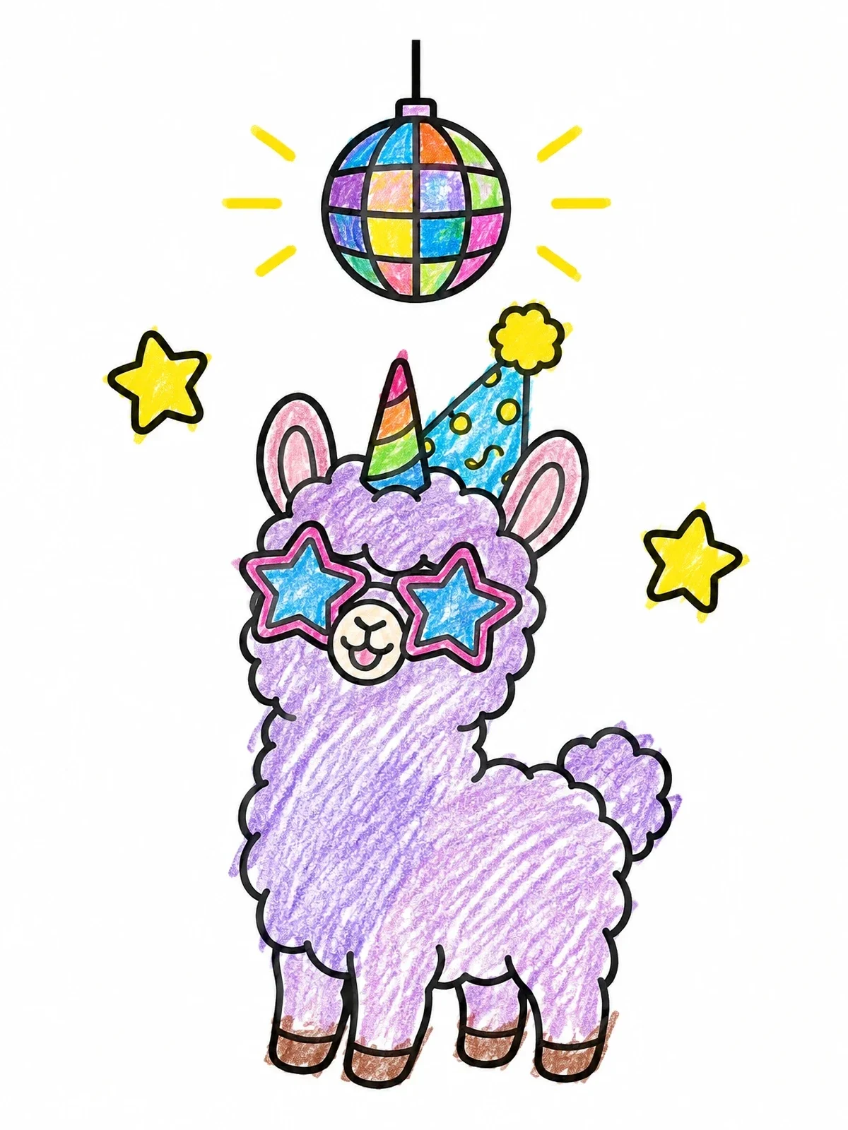 Colored example of the Party Unicorn Llama Under Disco Ball coloring page