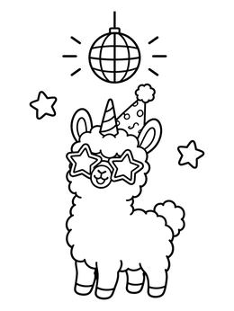 Free printable Party Unicorn Llama Under Disco Ball coloring page
