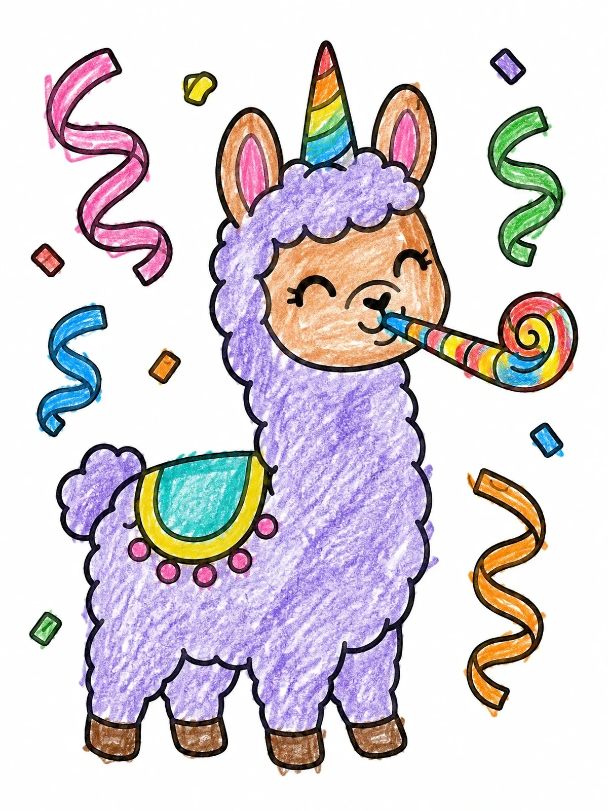 Colored example of the Party Unicorn Llama With Streamers coloring page