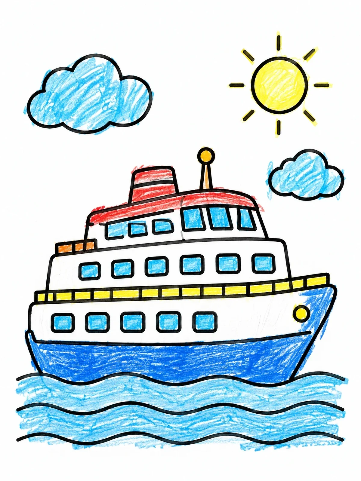 Colored example of the Passenger Ferry On Gentle Waves coloring page