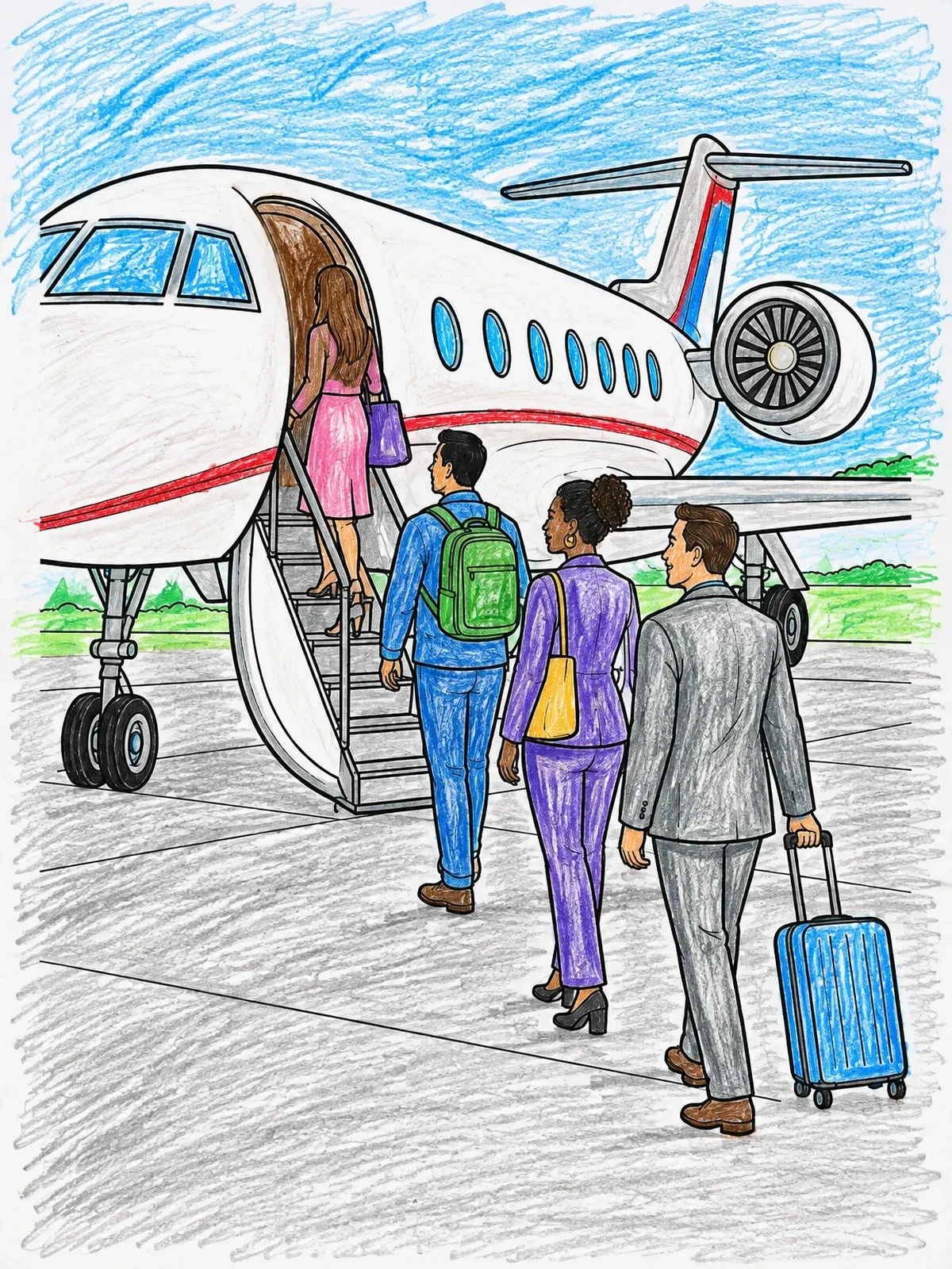 Colored example of the Passengers Boarding Private Jet coloring page
