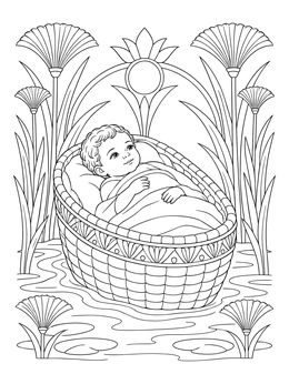Baby Moses rests in a woven basket among river reeds on this passover coloring page.
