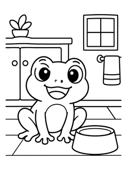 A cheerful cartoon frog sitting next to a bowl on this passover coloring page.