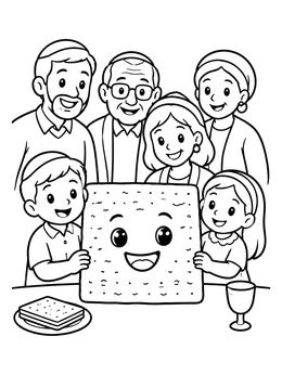 Free printable Family Celebrating Passover With Smiling Matzah coloring page