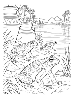 Frogs gather by the Nile River near clay jars on this passover coloring page.