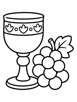 A decorative goblet next to a bunch of sweet grapes on this passover coloring page.