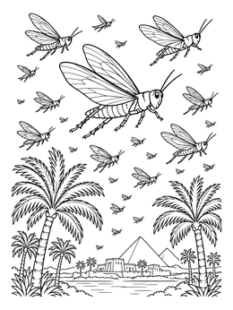 A swarm of locusts flies over pyramids in this passover coloring page.