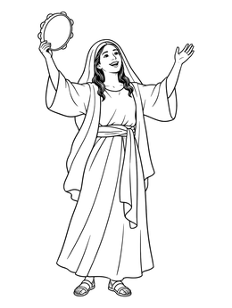 Miriam celebrates joyfully with a timbrel in this passover coloring page.
