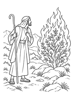 Moses watching the burning bush in this detailed passover coloring page.
