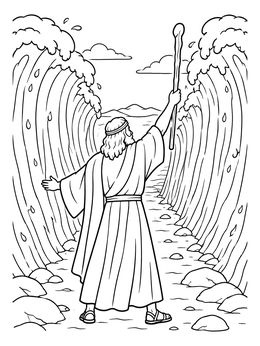 Moses holding a staff before parted waters in this passover coloring page.