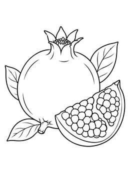 A whole ripe pomegranate and a seed-filled slice on this passover coloring page.