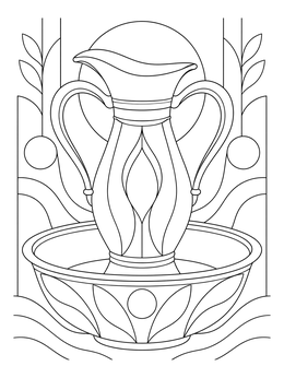 A decorative ritual hand washing cup and basin featured in a passover coloring page.