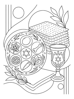 Detailed seder plate coloring page with stacked matzah and a ceremonial kiddush cup.