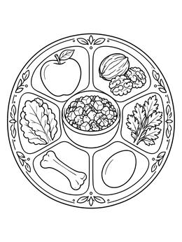 Decorated Passover seder plate coloring page featuring symbolic foods and a central bowl of charoset.