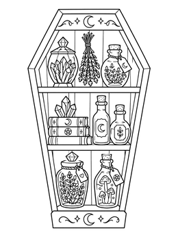 A coffin shelf with potions and crystals on this pastel goth coloring page.