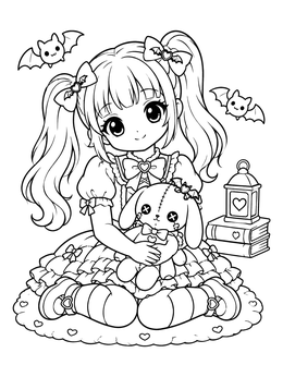 Free printable Cute Anime Girl With Plush Bunny coloring page