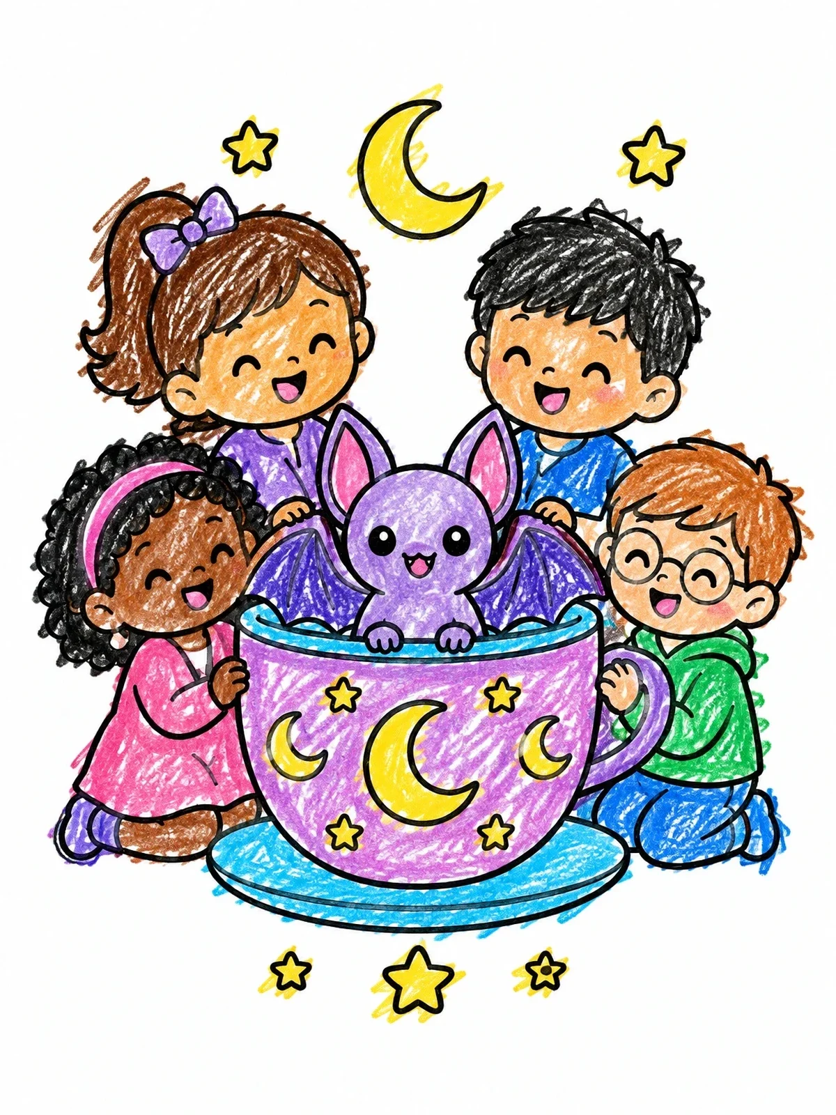 Colored example of the Cute Bat In Moon Teacup With Friends coloring page