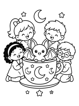 Children surround a bat in a cup on this pastel goth coloring page.