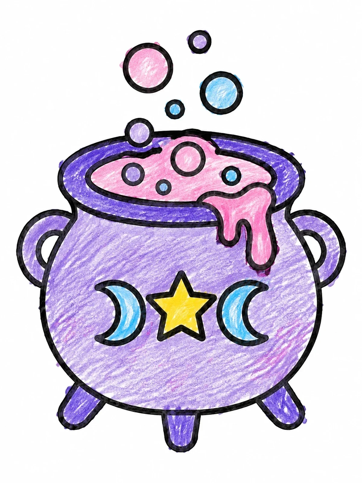 Colored example of the Bubbling Cute Magic Cauldron coloring page