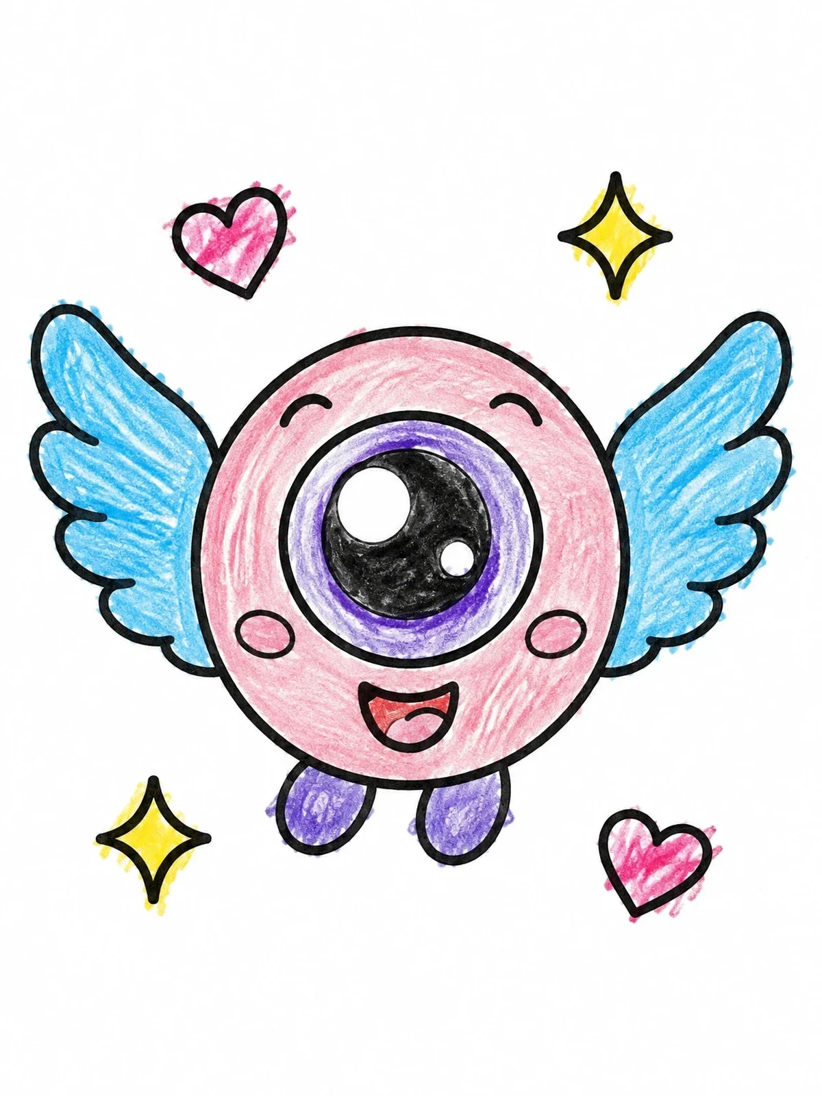 Colored example of the Cute Flying Eyeball With Wings coloring page