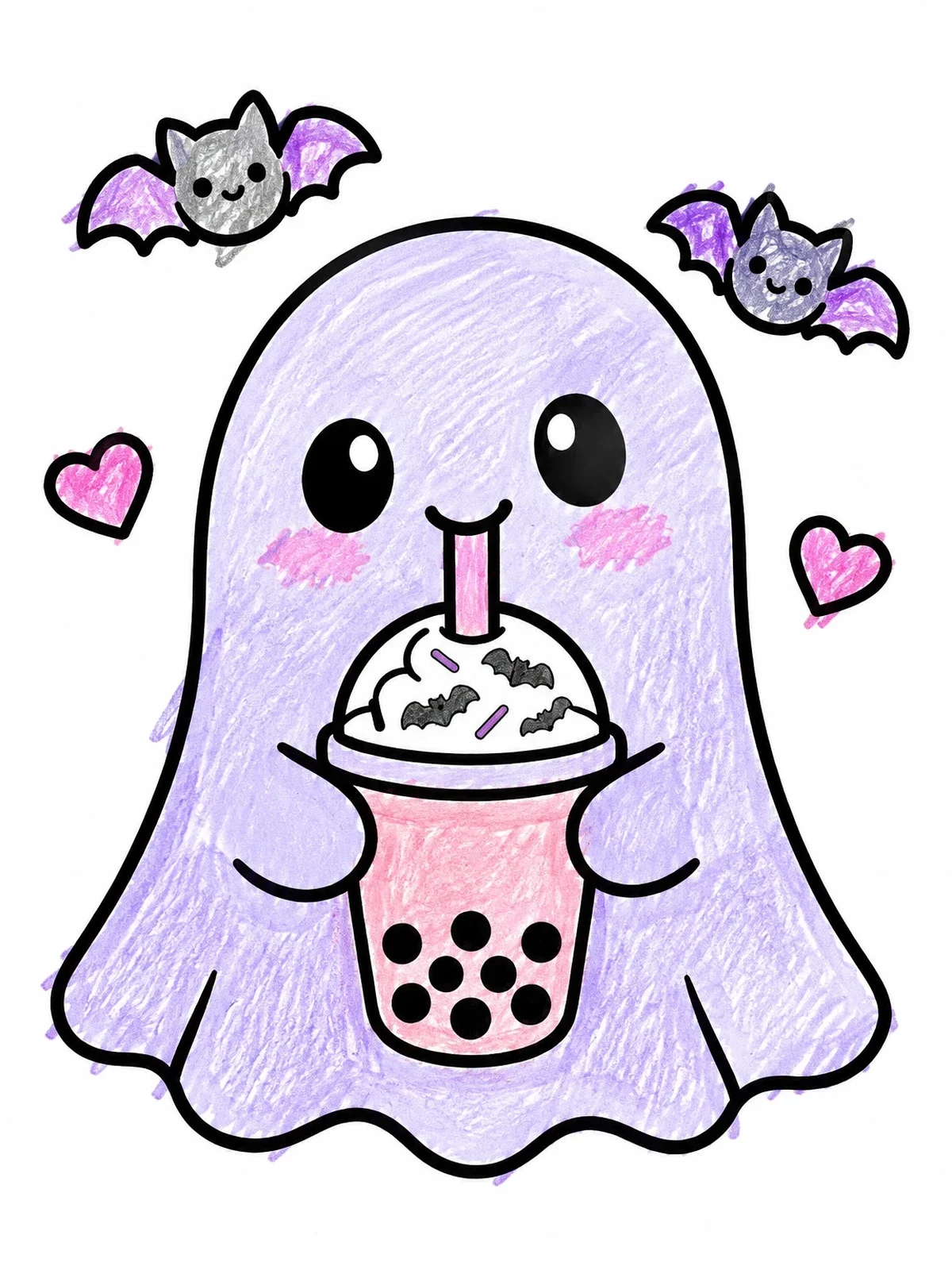 Colored example of the Cute Ghost Drinking Boba Tea coloring page