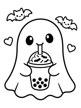 A friendly ghost drinking bubble tea on this pastel goth coloring page.