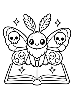 A cute moth with skull patterns on an open book in this pastel goth coloring page.