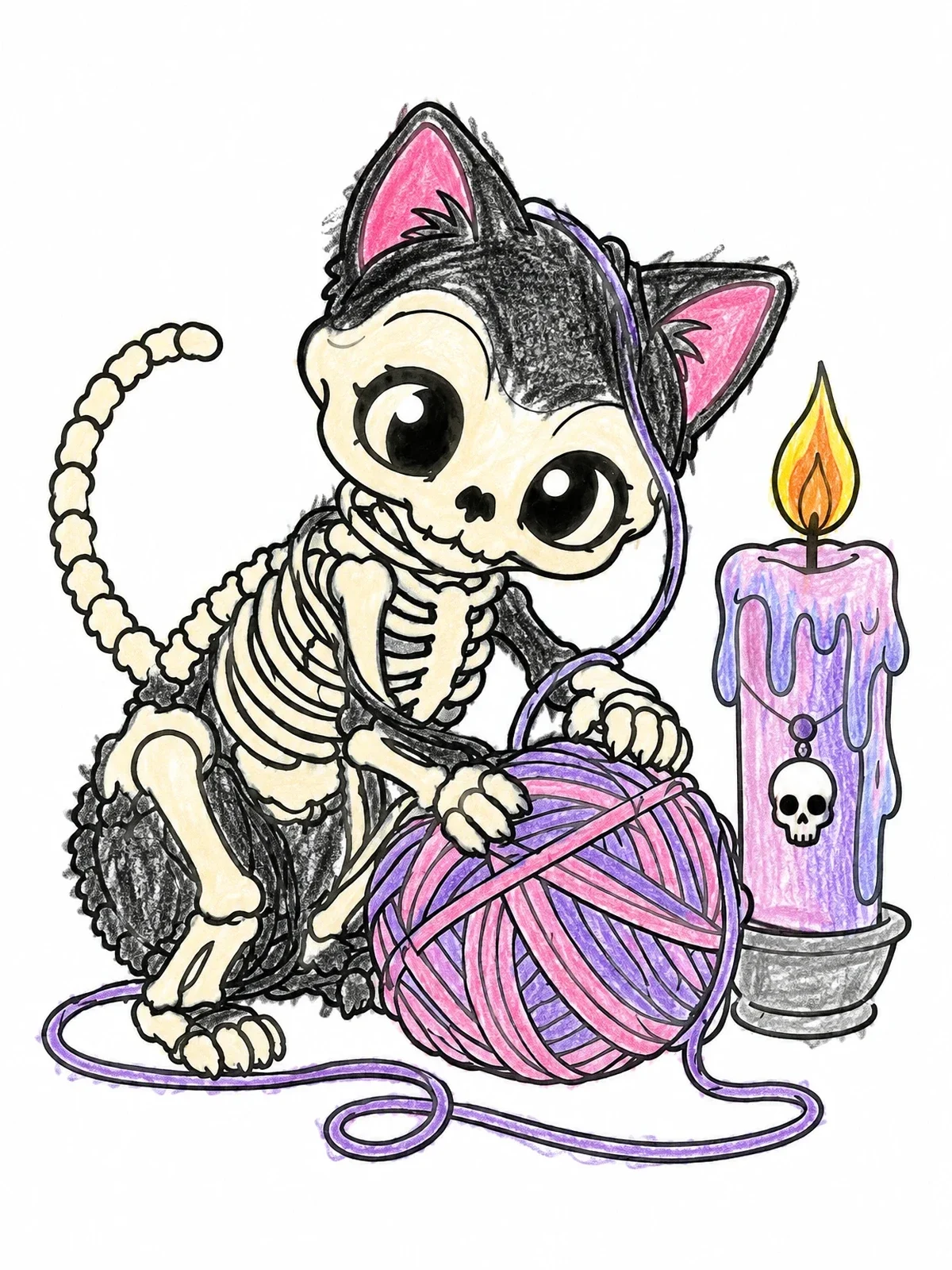 Colored example of the Cute Skeleton Kitten With Yarn coloring page