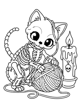 A sweet skeleton kitten tangled in yarn beside a candle on this pastel goth coloring page.