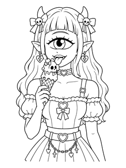 A cute cyclops girl holding a skull ice cream cone on this pastel goth coloring page.